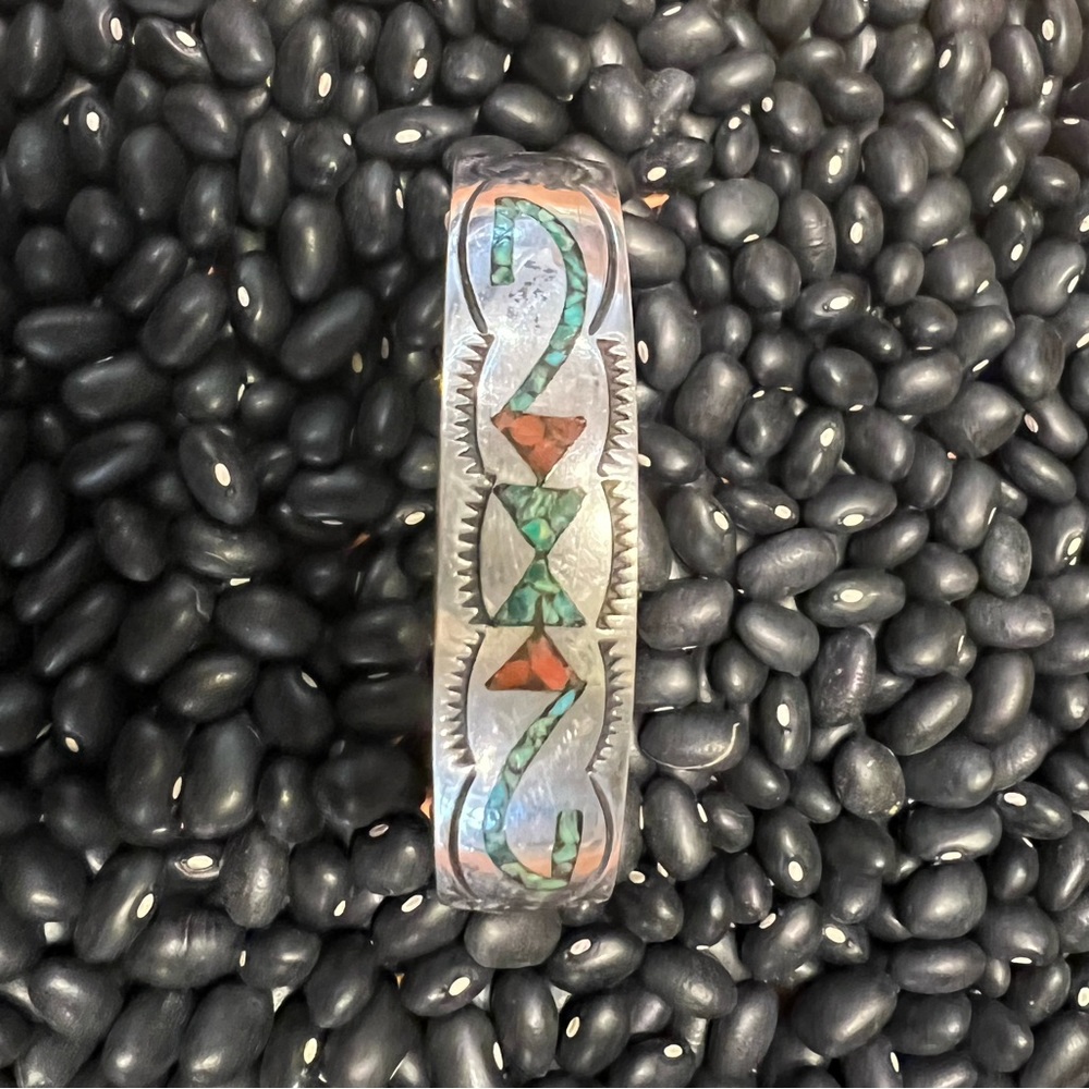 Vintage Native American cuff with crushed turquoise and coral stone